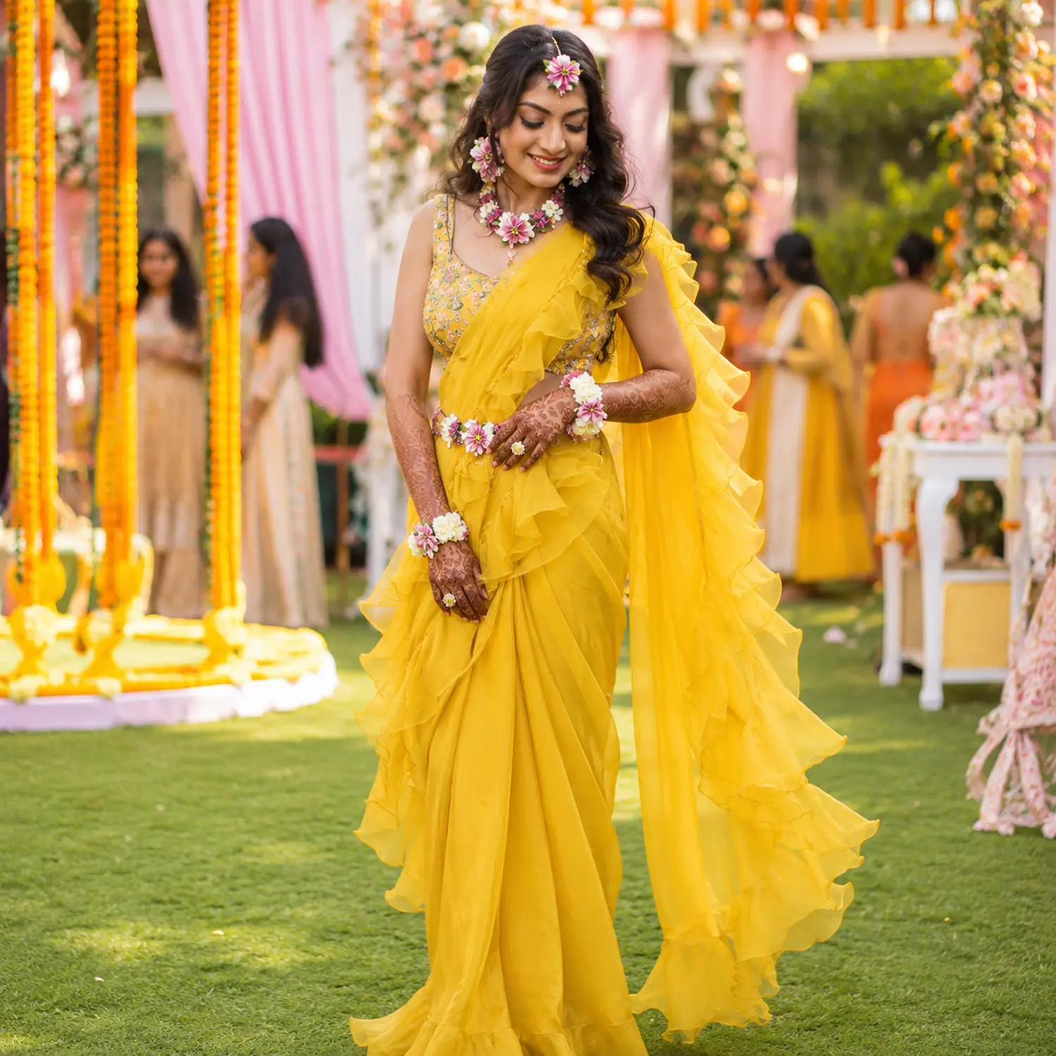 Haldi and Mehndi saree draping styles